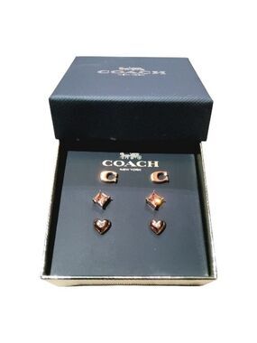 Coach Earrings Gift Boxed Set 3 Pairs Signature Pave Heart Rose Gold